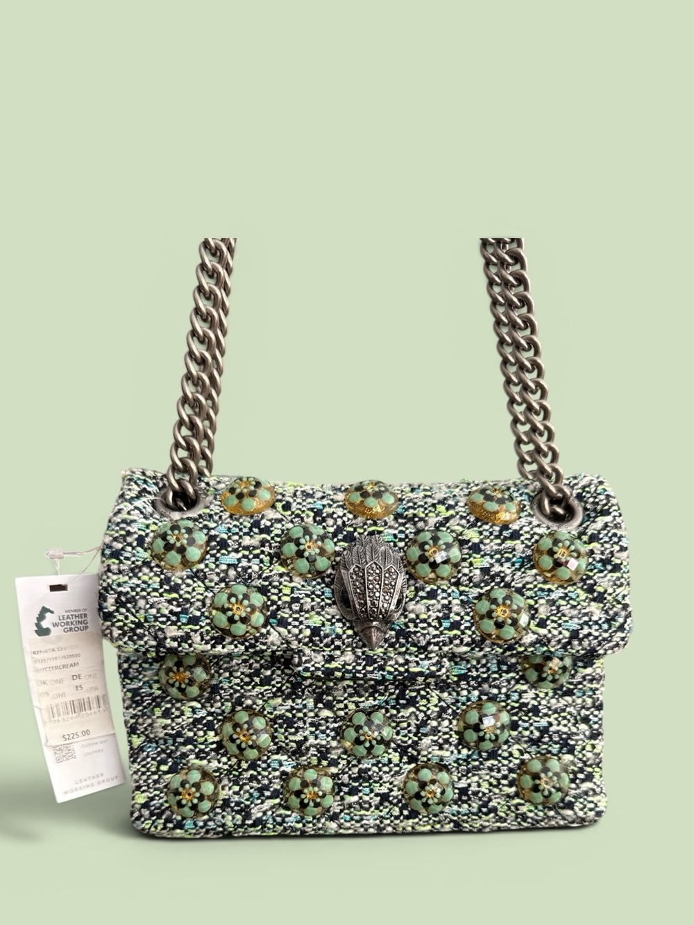 Kurt Geiger Green Floral Tweed Beaded Chain Shoulder Bag with Dusty - Picture 4 of 9